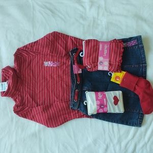 Gymboree Tiger Love denim skirt, red shirt, leggings, tights, socks NWT size 5